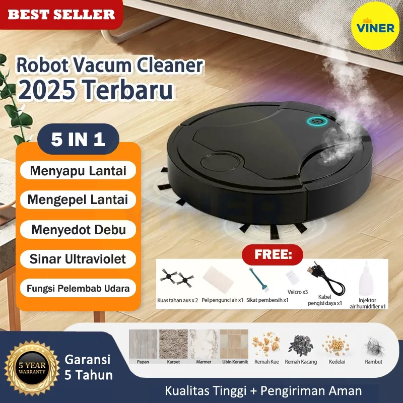 VINER Robot Vacuum Cleaner 5 in 1 Portable Penyedot Debu Rumah Sapu Otomatis/ Robot Sapu dan Pel Otomatis Pembersih Lantai Humidifier/ Vacum Robot Sterilisasi UV/ Robot Pembersih Menyapu dan Mengepel Rumah