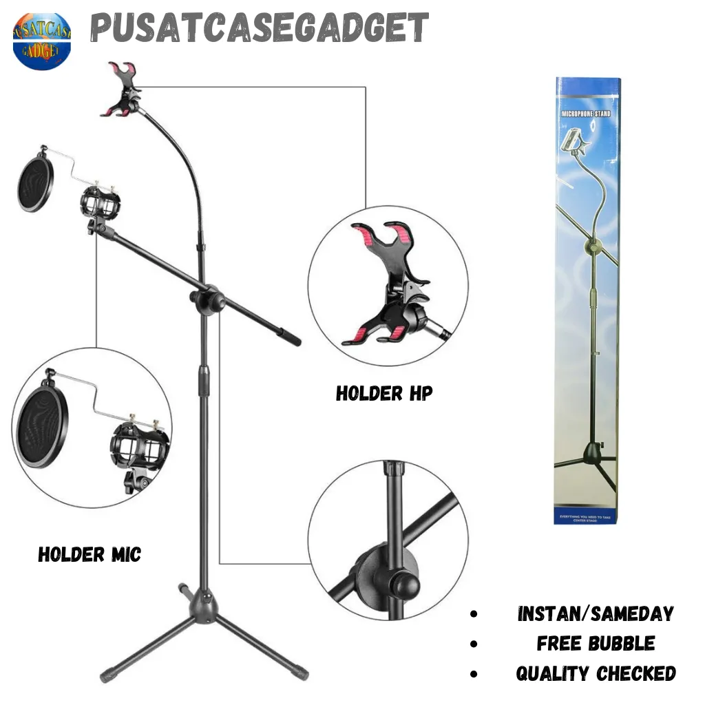 Stand Mic Microphone Degree Berdiri  Plus Holder Hp 360 Recording Stand Tiang Penyangga Microphone Karaoke Menyanyi Holder HP Tiang Besi Mikrofon