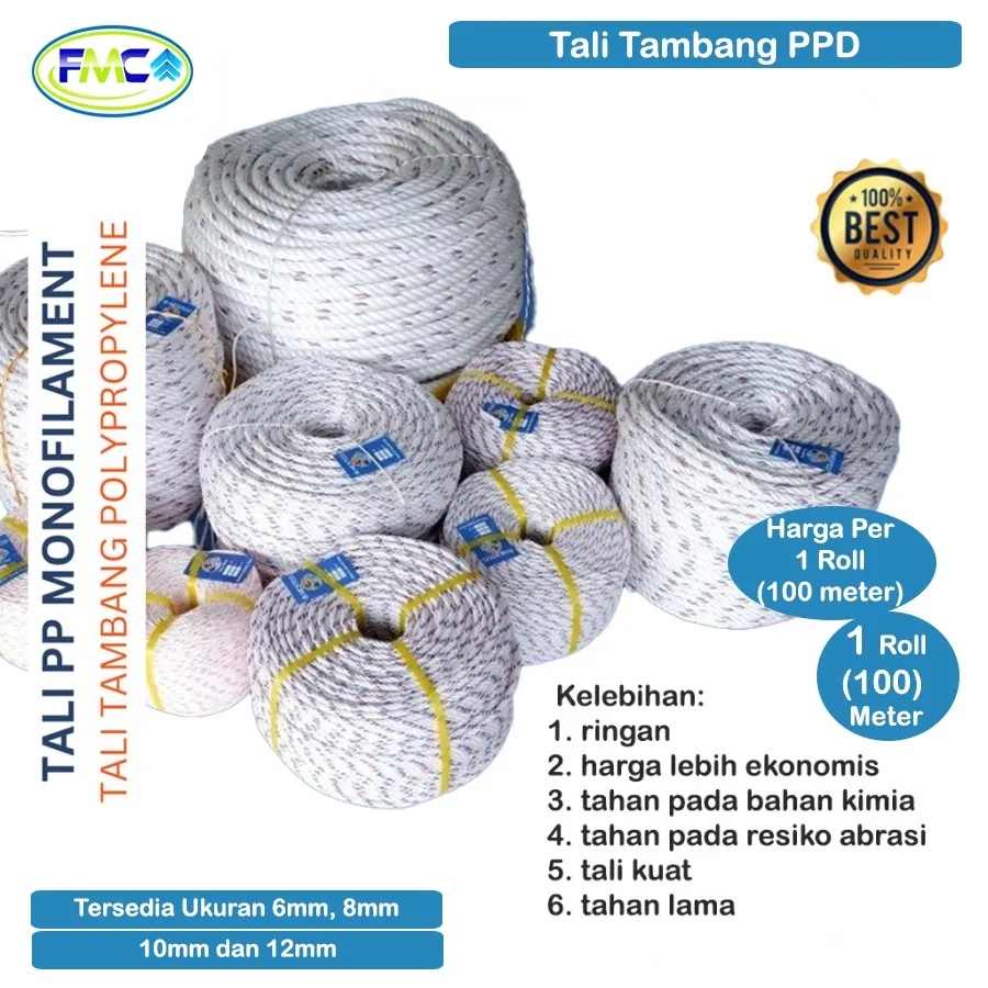 Tali Tambang Polypropylene Per Roll Ukuran 6mm 8mm 10mm 12mm Tali Tambang PPD Kecil Sedang Besar Super Kuat Tahan Cuaca Tali PPD Rol Tali Ikat Barang Monofilament Tali Muatan Mobil Untuk Proyek Tali PP
