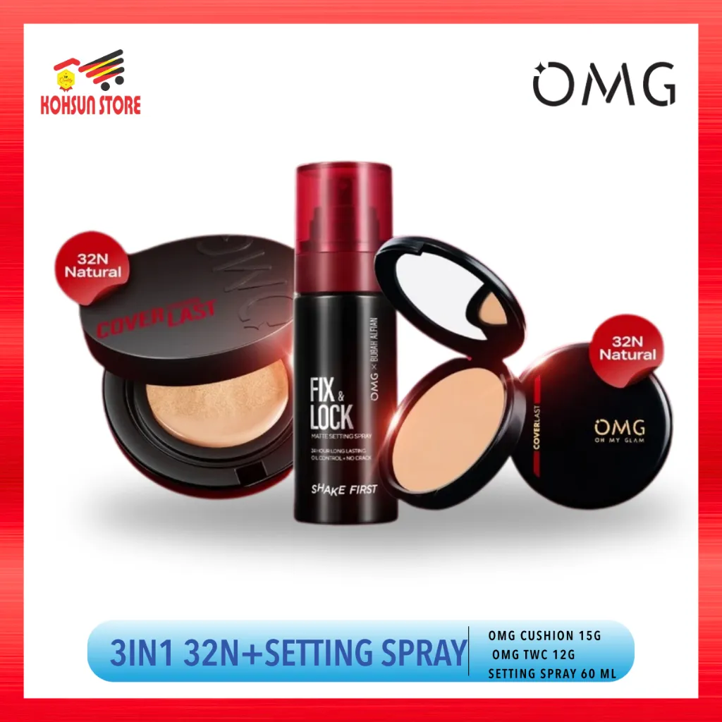 OMG OH MY GLAM Paket 3in1 Flawless All Day : Cushion, Two Way Cake & Setting Spray - Tahan Lama & Bebas Crack Seharian