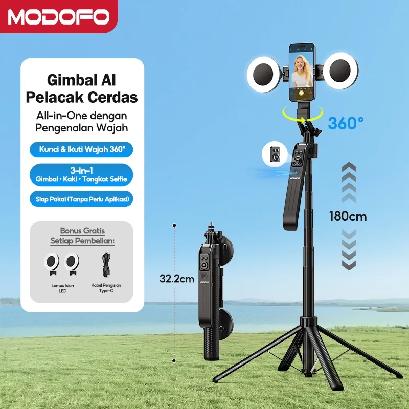 MODOFO Tongsis Tripod 1.8M AI Selfie Stick Bluetooth Al Face Tracking Smart Gimbal Tripod Konten Kreator Handphone Remote Ring Light  360°Rotation