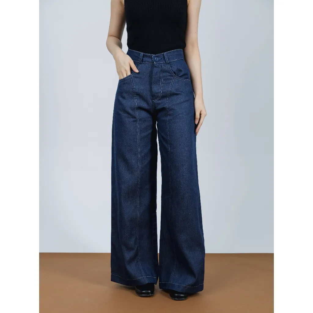 ASOKA Ore Pants 2580 - Contrast Stitching Woman Pants Pocket Wide Leg Semi Denim High Waist