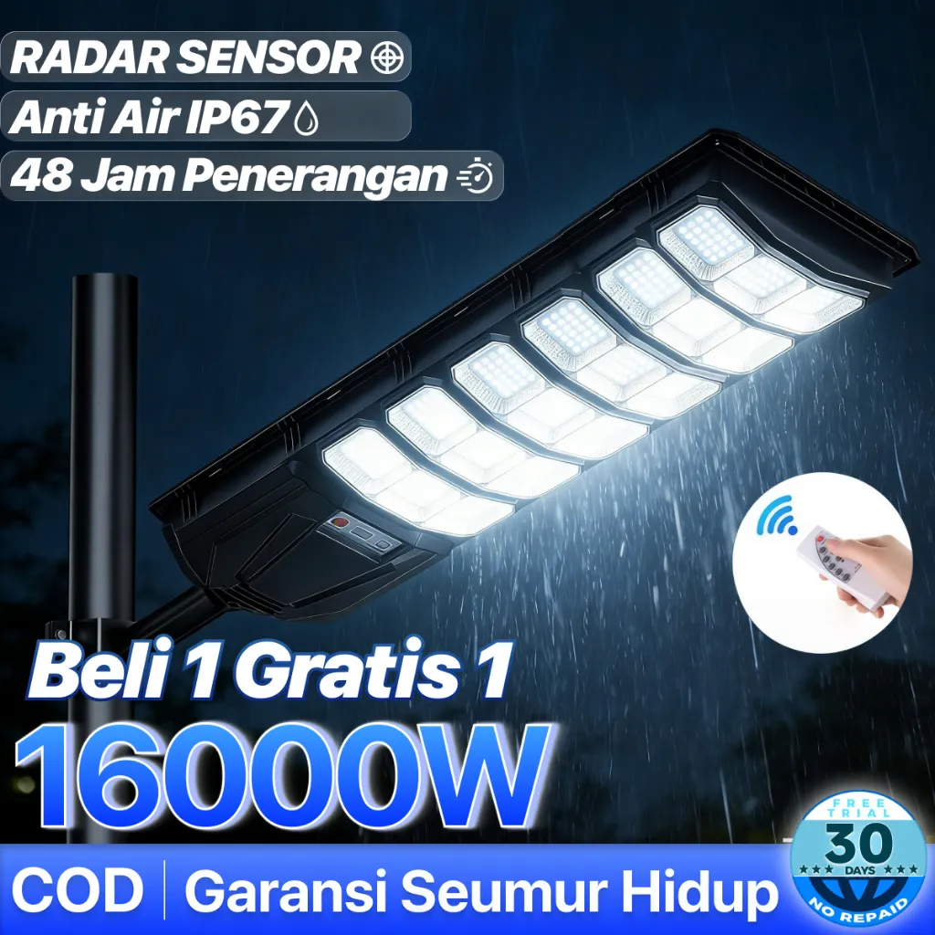 Garansi Seumur Hidup Lampu Tenaga Surya 16000W Lampu Jalan LED Tenaga Matahari IP67 Tahan Air Luar Ruangan 0 Biaya Listrik Lampu Jalan Smart Sensor Tahan Panas dan Tahan Dingin Kendali Jarak Jauh