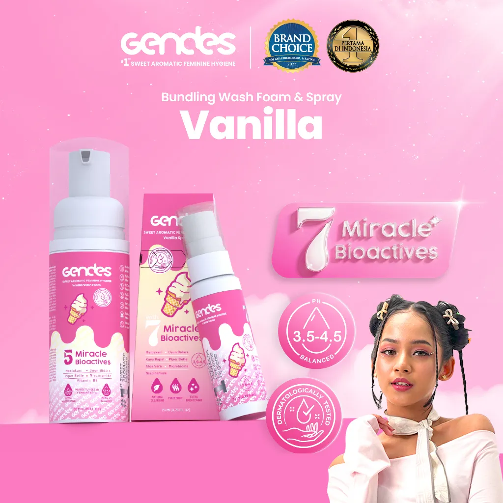 Bundling Gendes Feminine Hygiene Wash Foam Vanilla dan Sweet Feminine Care Spray | Perawatan Area Kewanitaan | Membantu Mengurangi Keputihan | Membantu Menghilangkan Aroma Tidak Sedap Pada Area Kewanitaan