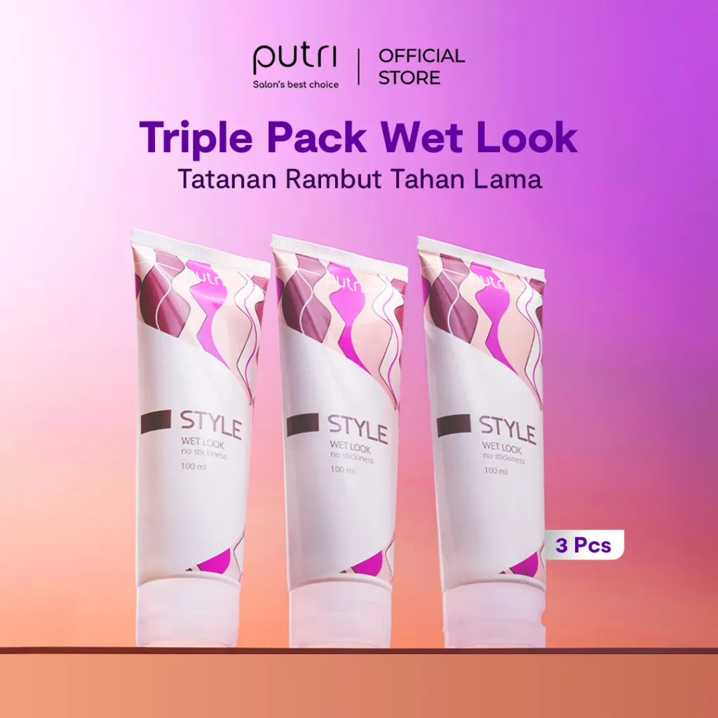 Putri Triple Pack Wet Look – Styling Gel Rambut Tahan Lama | Wet Look Hair Gel | Styling Gel Rambut Pria & Wanita | Hair Gel Lokal Murah | Hair Gel BPOM | Styling Pack Hemat | Tatanan Rambut Rapi & Berkilau Seharian