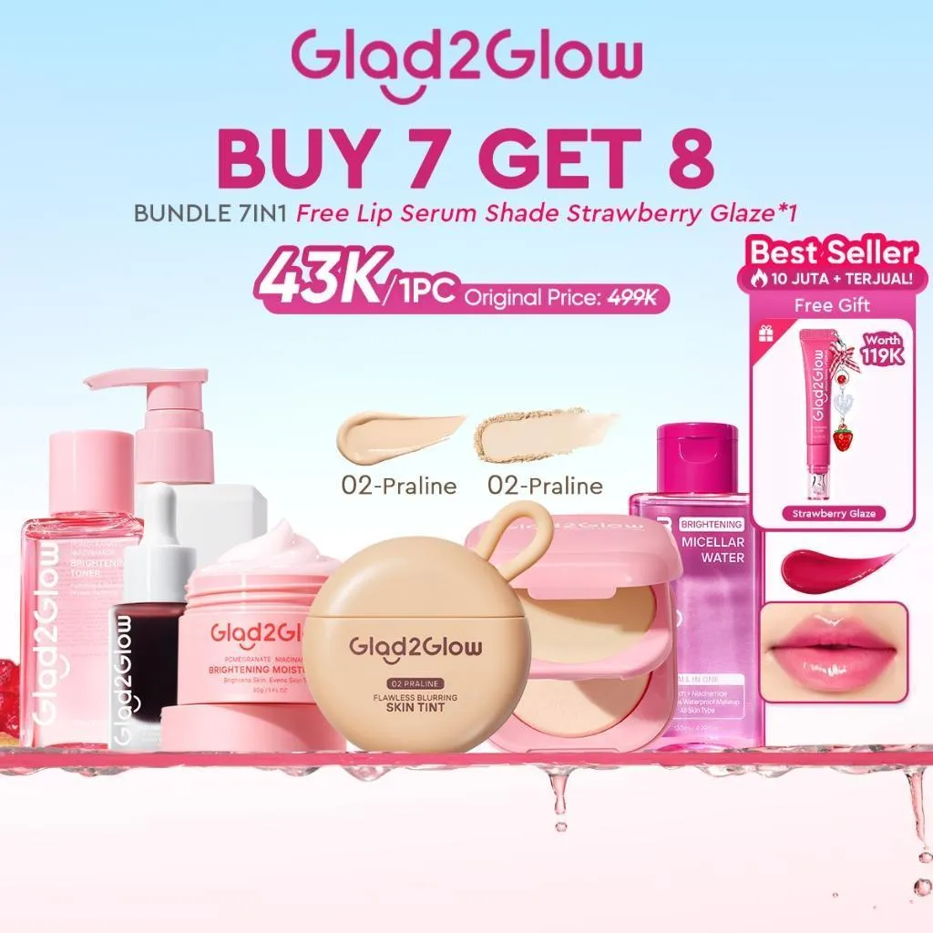 [Free Gift+Extra Disc]Glad2Glow 8 IN 1 Super Glow Skincare & Makeup Set: Brightening Micellar Water+Moisturizer+Toner+Milk Cleanser+Peeling Serum+Flawless Skin Tint+Perfect Blurring Powder|Kulit Cerah, Glowing&Halus Sepanjang Hari