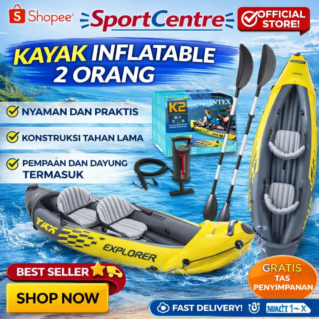 INTEX 68307 - Perahu Karet Explorer K2 Two Person Inflatable Kayak Set With Paddles and Pump