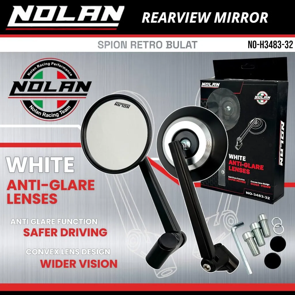 NOLAN Spion Retro Bulat H3483-32 Kaca Putih Bahan Full Aluminium Alloy Universal Motor