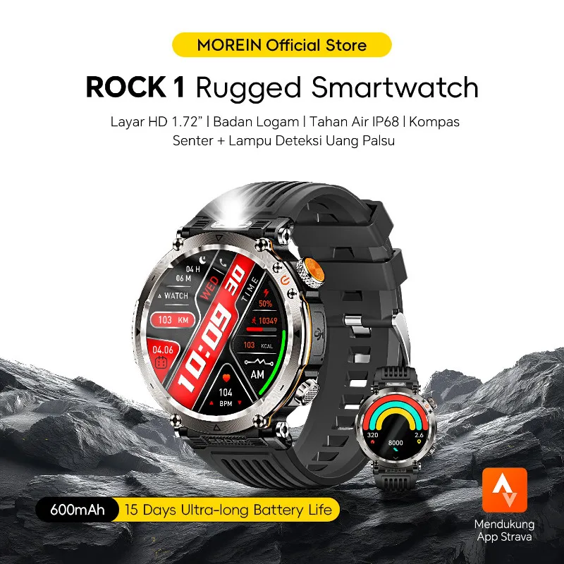 [Lampu + UV] Morein Rock 1 Smartwatch Layar HD 1.72” Tahan Air IP68 Badan Logam 100+ Mode Olahraga Panggilan Bluetooth Pemantauan Kesehatan