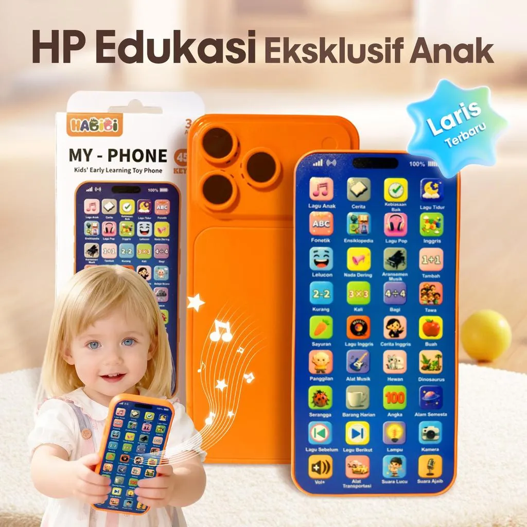 HP Mainan Edukasi 45 Tombol - Ponsel Tiruan Anak dengan Matematika, Bahasa Inggris, Lagu & Cerita, Bisa Cas & Tahan Jatuh untuk Usia 3+
