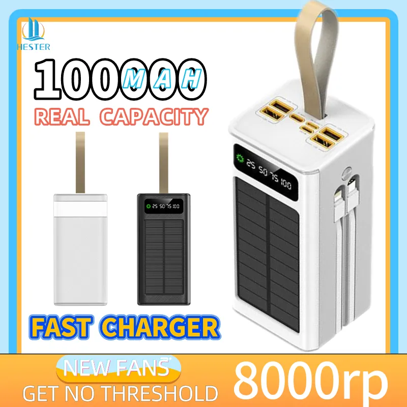 HESTER power bank 100000mah power bank fast charging 66W power bank tenaga surya case powerbank 4 baterai built in 4 cable led lampu