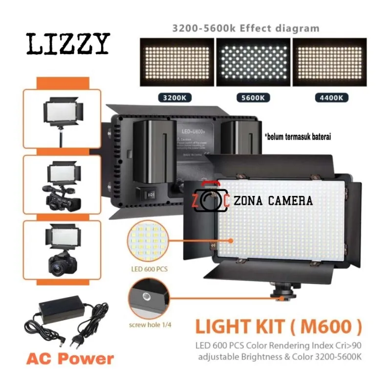 Lizzy Bee M600 LED Video Light 600+ Lampu Fill Shooting Foto Bandoor + AC Power Lighting Studio Make Up Rias Bi Color Bicolor Kit