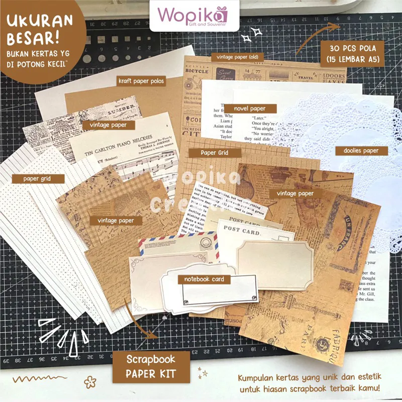 JOURNALING KIT BESAR | PAPER KIT (TERMURAH) 15 LEMBAR ATAU 30PCS BESAR A5 kertas scrapbook atau journal by Wopika creative | kado foto | ulangtahun | birthday | anniversary | ldr | bestie