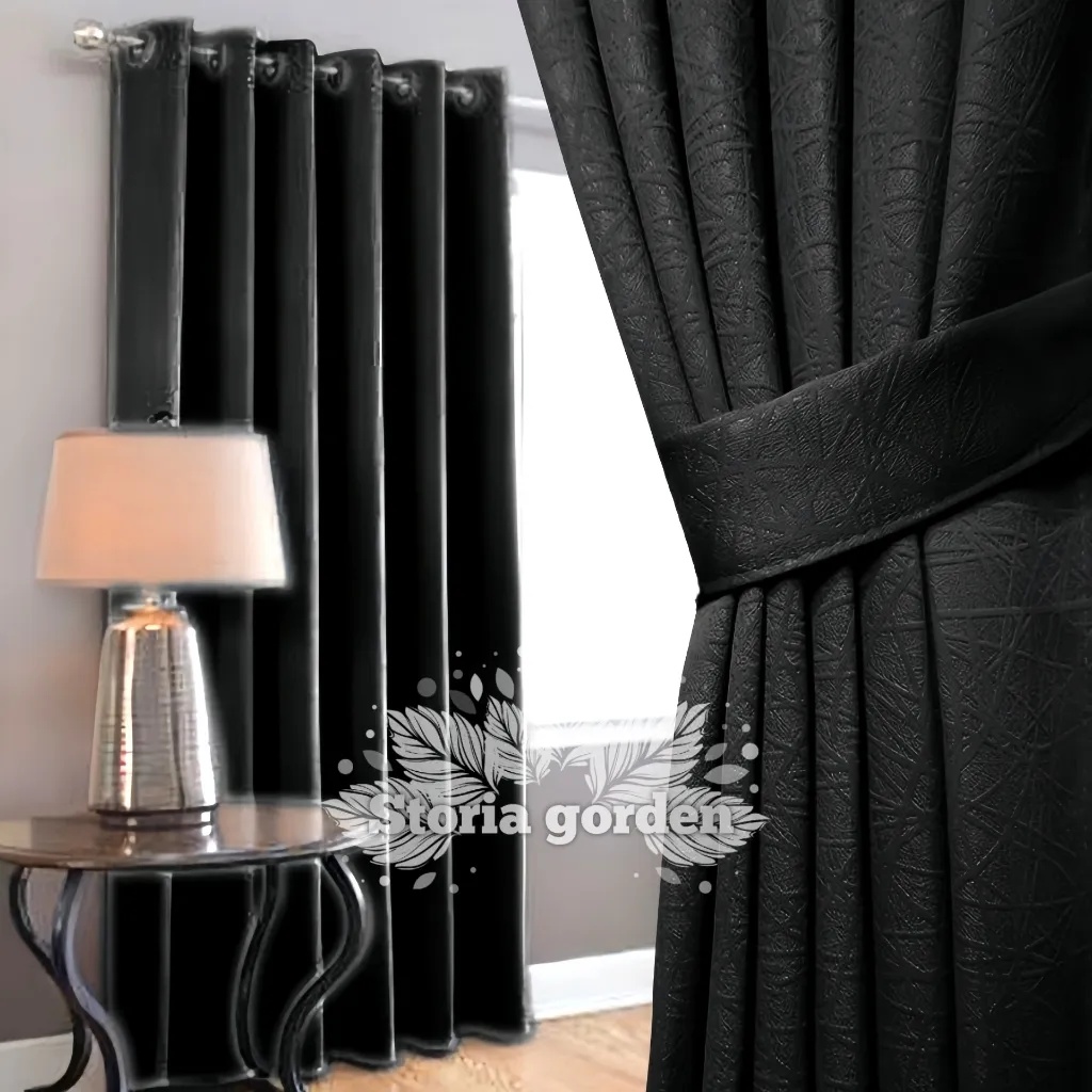 Gorden Blackout Polos Jendela Minimalis Pintu Tinggi Hordeng 12 Lubang Ring 6 Gelombang Warna Hitam