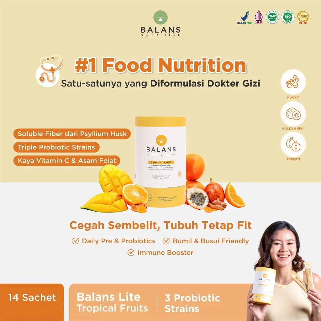 Balans Lite | Tropical Fruit | Fiber & Probiotics Drink - Isi 14 Sachet