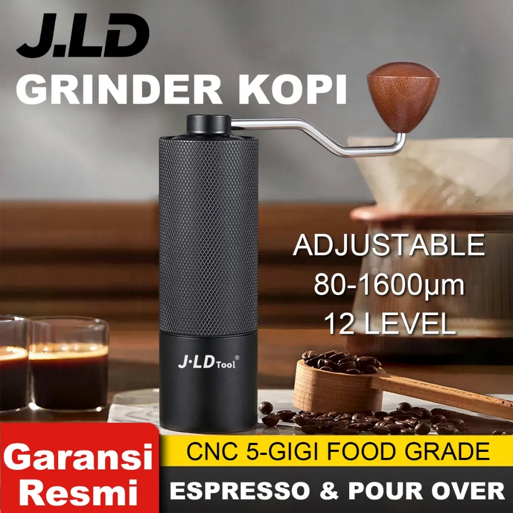 JLD Penggiling Kopi Manual Premium CNC 5-Gigi Grinder Kopi Bodi Berlian Anti Slip Handle Panjang Adjustable 12 Level Portable untuk Espresso/Pour Over Cocok Home & Outdoor