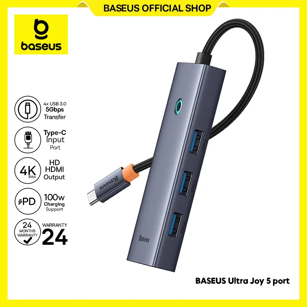 Baseus UltraJoy Series 5-Port USB HUB Docking Station Type-C to HDMI4K@30Hz*1+USB 3.0*3+PD*1