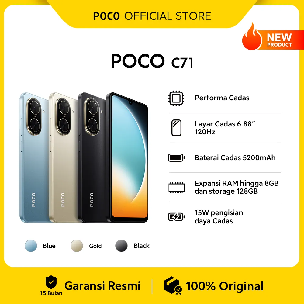 POCO C71 (4+4GB/128GB) Performa Cadas | Layar Cadas 6.88" 120Hz | Baterai Cadas 5200mAh | Expansi RAM hingga 8GB dan storage 128GB | 15W Pengisian daya Cadas [Official Store]