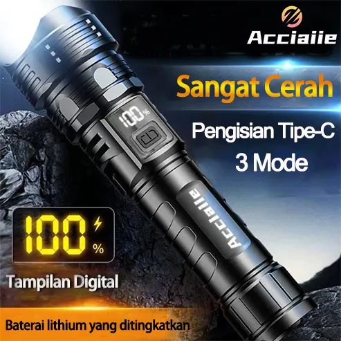 Acciaiie Senter Led Super Terang Jarak Jauh 1 Km Zoom Lampu Senter Super Terang Ringan Tahan