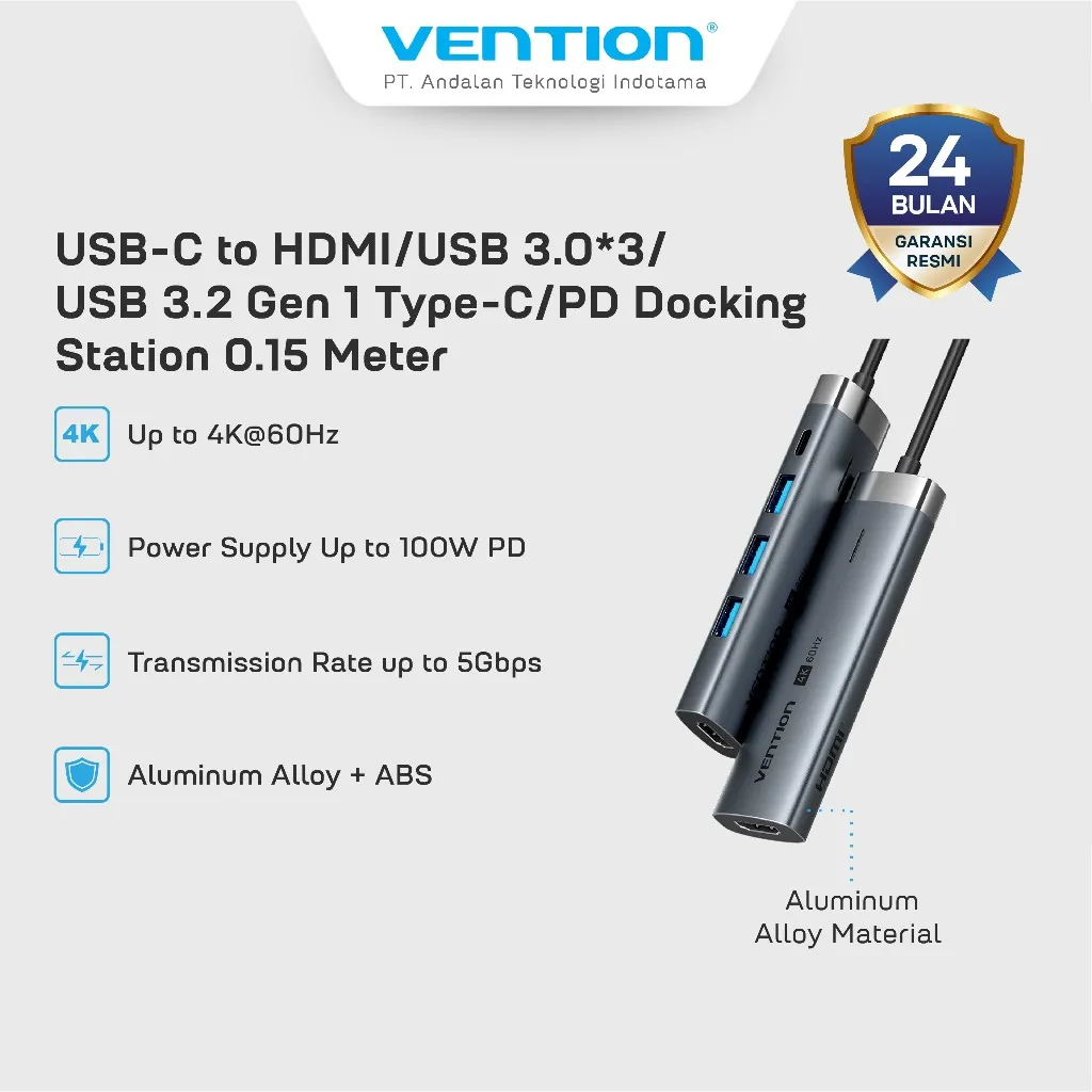 Vention Multiport 5 in 1 USB 3.2 Type C Docking Station Mini Portable HDMI 4K 60Hz RJ45 PD 100W - TGM