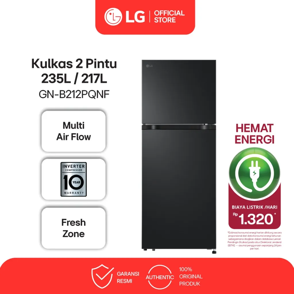 LG Kulkas 2 Pintu 235L / 217L - Multi Air Flow - Fresh O Zone - Inverter Essence Matte Black - Model GN-B212PQNF