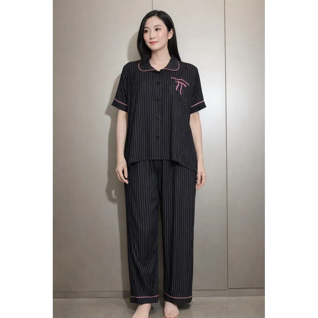 AURAE – Mikaila – Set Piyama Stripe Katun Lengan Pendek Celana Panjang Nyaman Dipakai