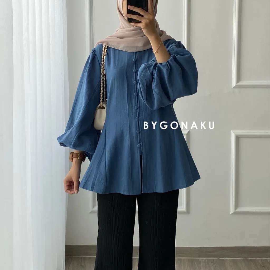 [GONAKU] Valerie Top Linen Bordir | Atasan Blouse Lengan Balon Kemeja Kerja Wanita | Busui Friendly | Embroidery Shirt