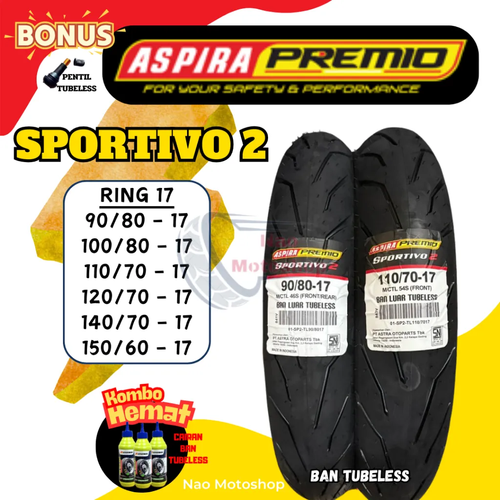 BAN ASPIRA PREMIO SPORTIVO 2 TUBELESS MATIC RING 17 90/80 100/80 110/70 120/70 17