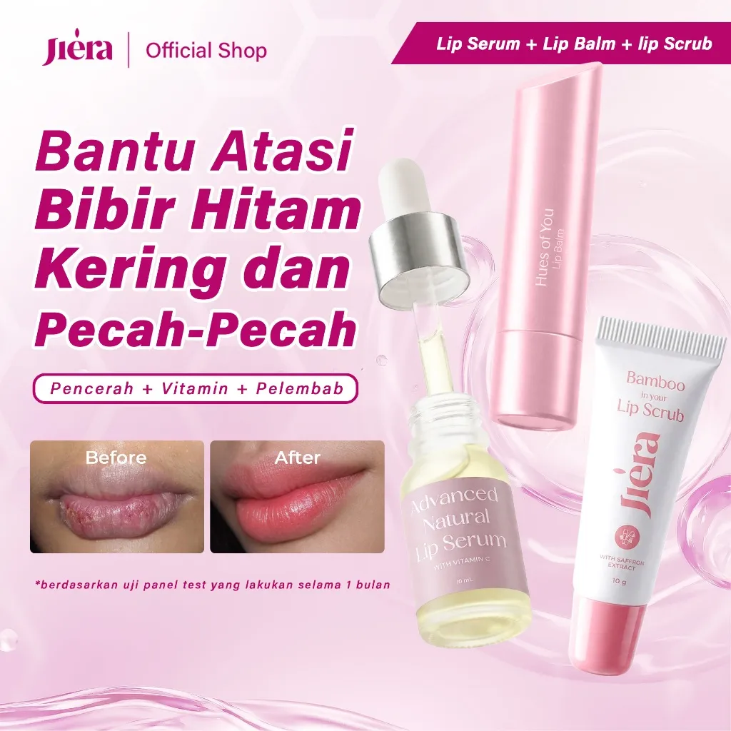 JIERA Triple Brightening Care (Paket Perawatan Bibir Sehat) Membantu Mencerahkan, Melembabkan dan Mengatasi Masalah Bibir Hitam, Pecah-Pecah dan Kusam. Termasuk Lip Serum 10ml, Lip Balm, dan Lip Scrub 10gr. No. BPOM NA18231302052