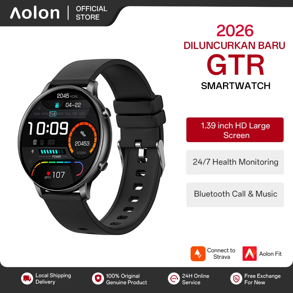 [Bisa COD] Aolon GTR Original Smartwatch 2026 Baru Fasion Design Music Bluetooth Call Health monitoring sports mode Wanita Pria