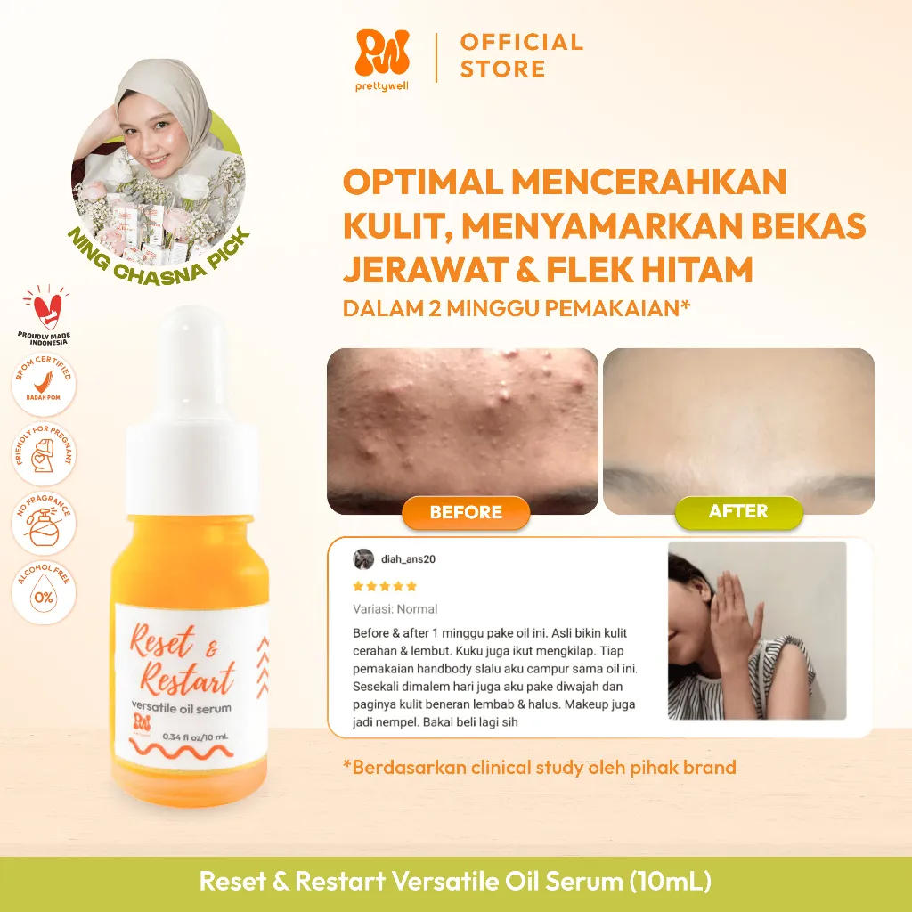 Prettywell Reset & Restart Versatile Oil Serum untuk Bekas Jerawat Menghilangkan Flek Hitam Meratakan Warna Kulit with Tamanu Oil Facial Oil Serum Luxurious
