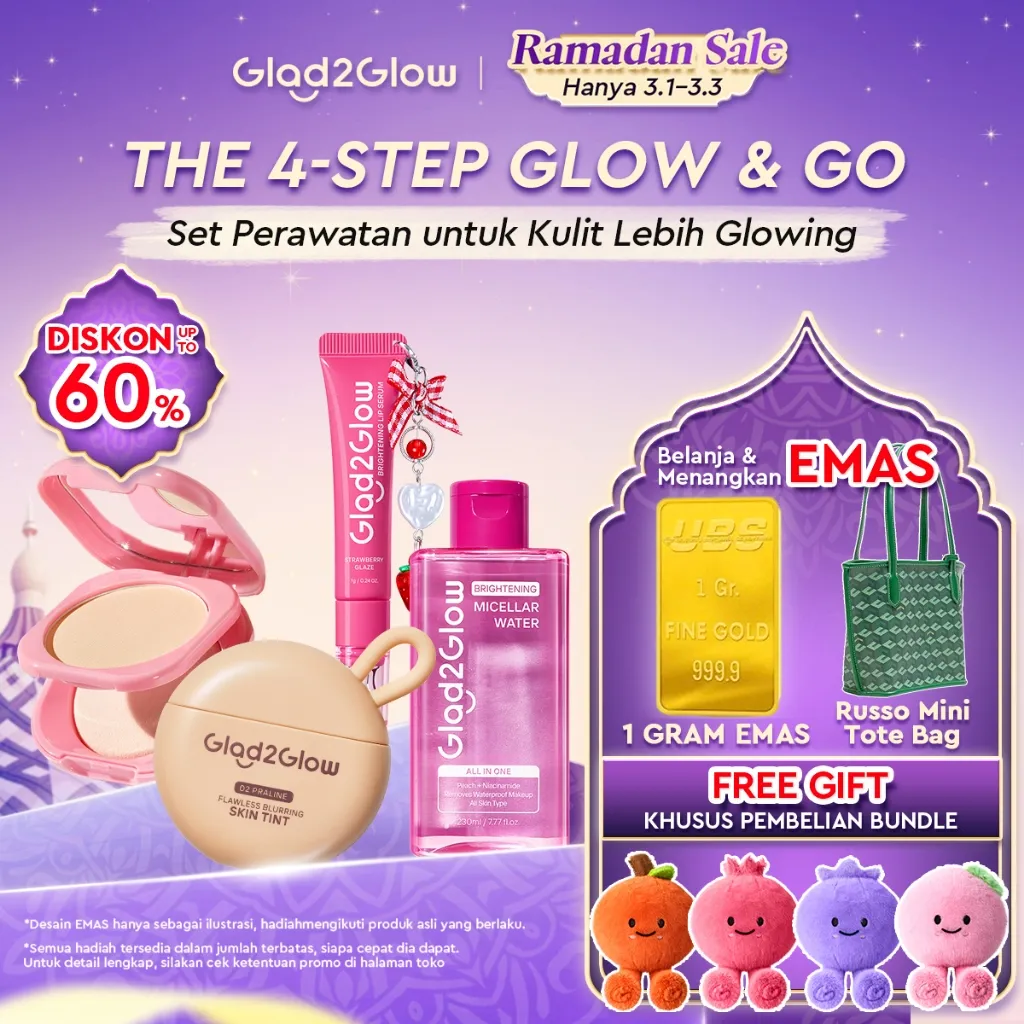 Glad2Glow 4 IN 1 Paket Makeup Flawless ： Flawless Blurring Skin TIint+Brightening Lip Serum 7g Mencerahkan Melembabkan 3in1 liptint+Perfect Blurring Powder Foundation waterproof setting two way cake+Brightening Micellar Water 230ml g2glow official store