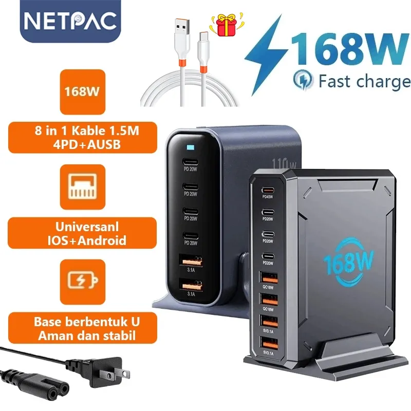 NETPAC AE19 Adaptor Charger 8 Port 168W Desktop Charger Station Multi-Ports Super Fast Charging For Phone  PC Laptop iPad Universal