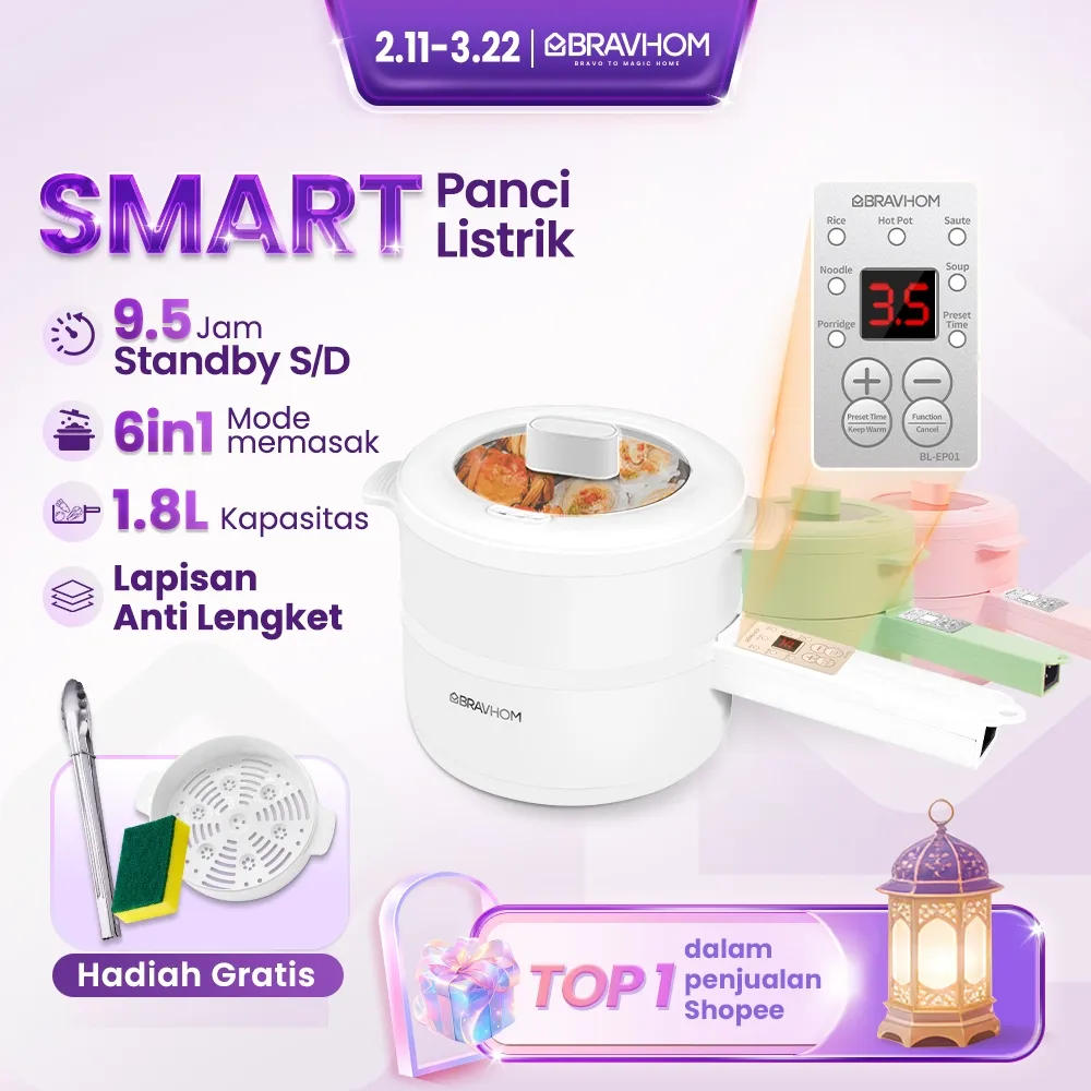 BRAVHOM Panci Listrik Serba Guna Kukusan 1.8L 6in1 Anti Lengket Perlindungan Terlalu Panas BL-EP01