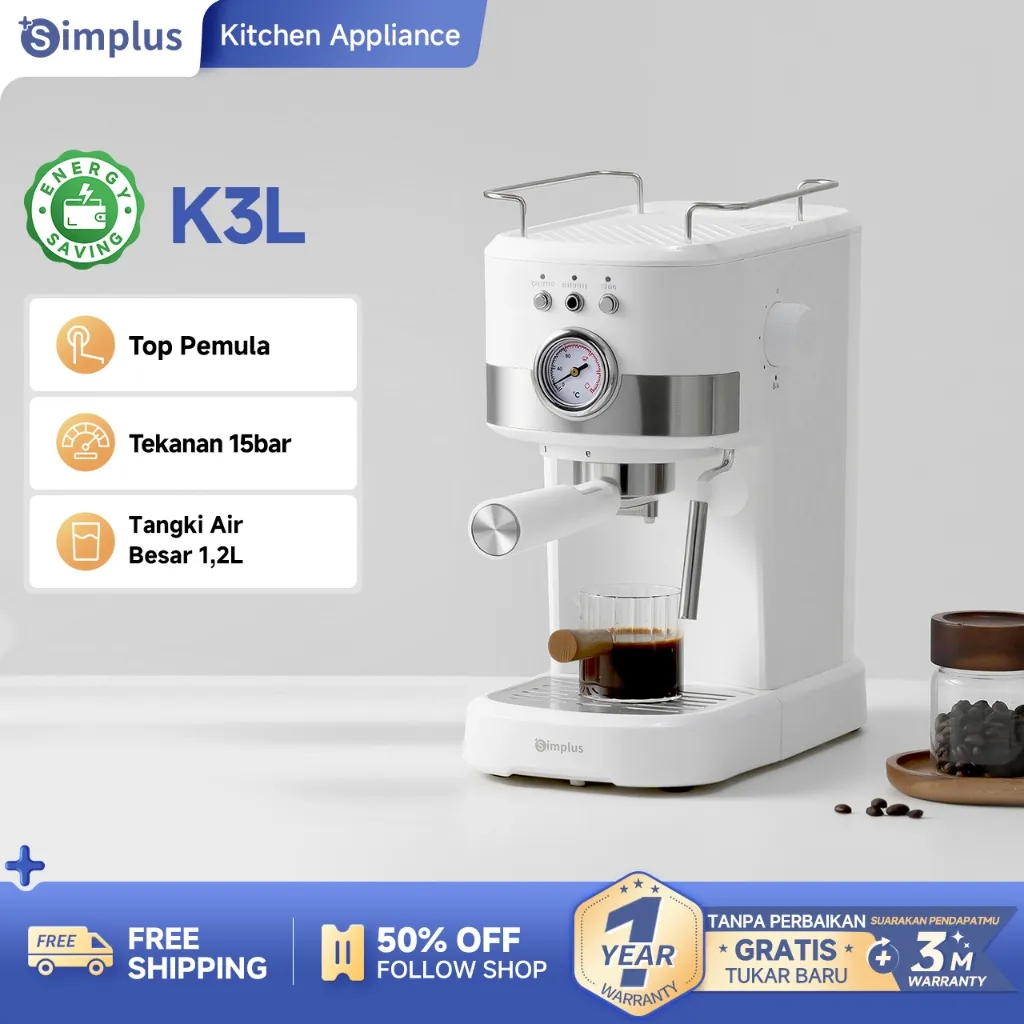 Simplus Mesin Espresso Semi Otomatis Tekanan15bar Kapasitas Tangki 1,2L Coffee Maker
