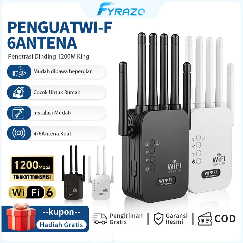 Fyrazo 1200M Wireless Wifi Range Extender Penguat Sinyal Nirkabel Penguat Sinyal Repeater Dalam Ruangan 4 Antena Eksternal Stabil Melalui Dinding Pasang dan Mainkan