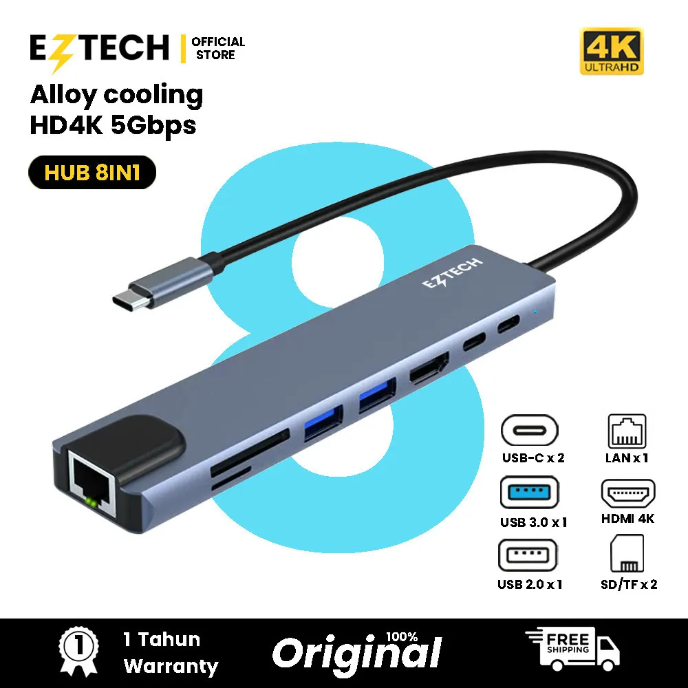 EZTECH USB Hub  Converter 8 in 1 HDMI 4k  Type C 3.0 LAN  Macbook Laptop PC Collection