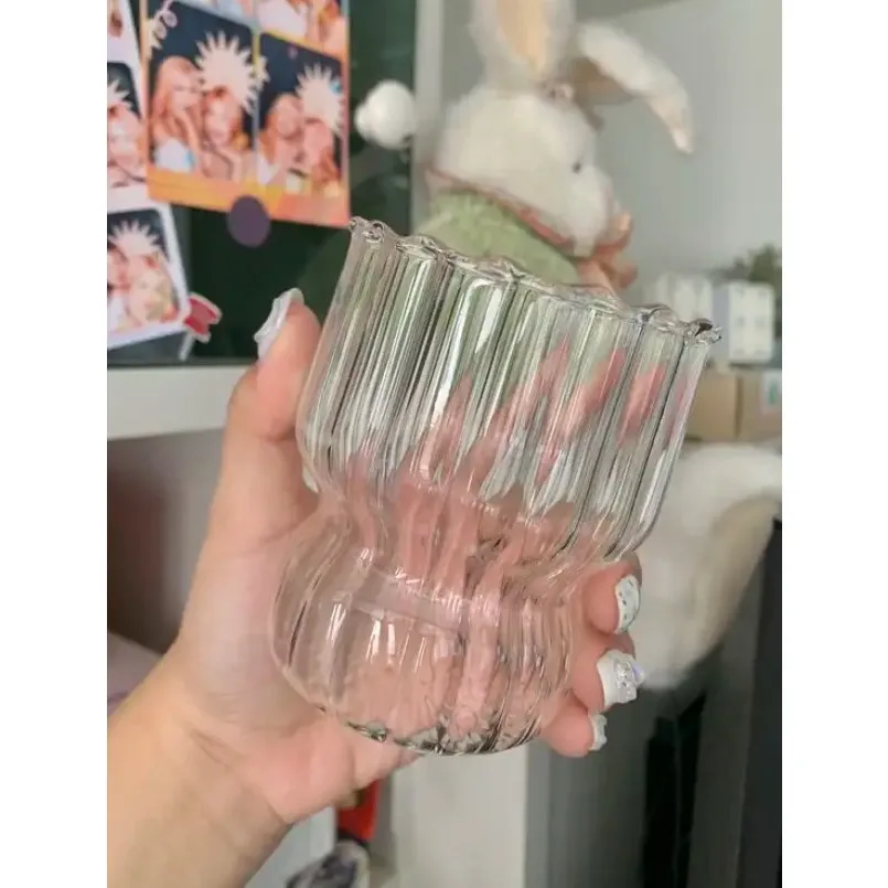 Gelas Kristal 320 ml Estetik Cangkir Kopi Kekinian Retro Bahan Kaca untuk Fotografi