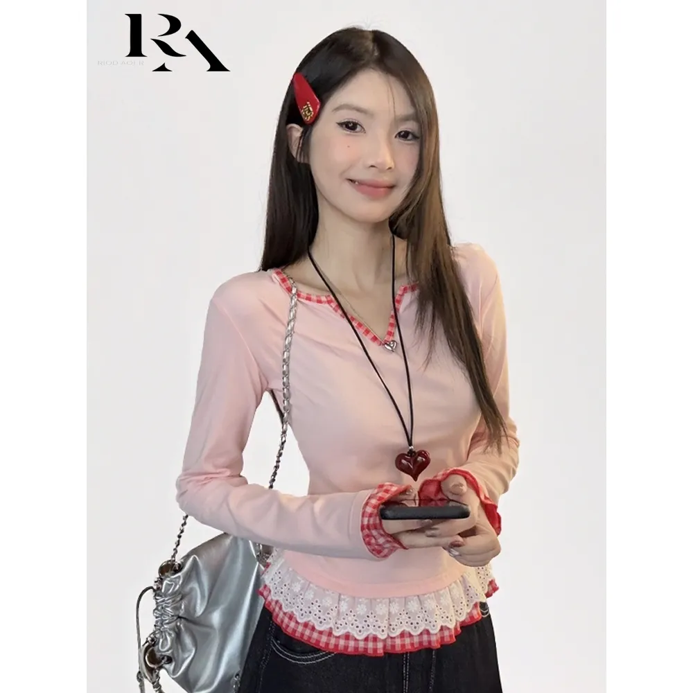 RIOD AOER Kaos lengan panjang dua potong palsu merah muda untuk wanita gaya Korea baru gaya lembut jahitan kotak-kotak renda renda V-neck atasan