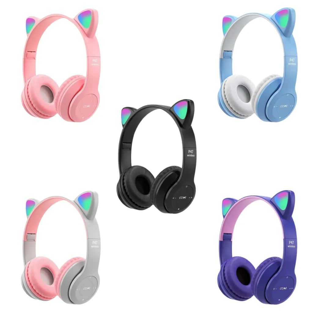 P47M Wireless Headphone Cute Cat Ear Bluetooth Headset LED Children Stereo Folding Sports Microphone