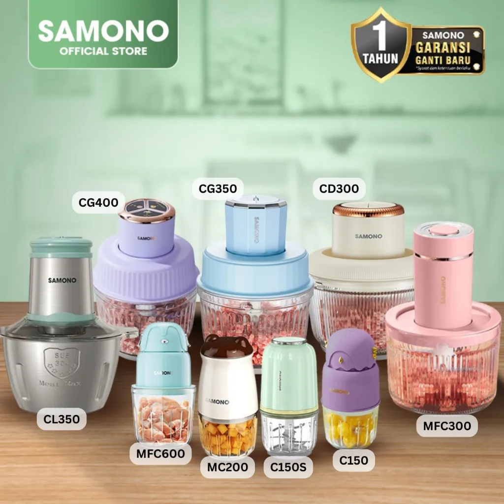 SAMONO Best Seller Chopper Low Watt Wadah Kaca Penghalus Daging Bumbu Buah MPASI Meat Grinder Food Processor Blender Mini Choper Coper Pisau Stainless Motor Tembaga Kuat Low Noise Food Grade