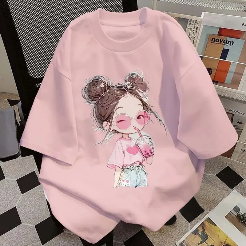 Korean Premium - Kaos Oversize Wanita Lengan Pendek Katun 100% Motif Pink Girl Korean Style