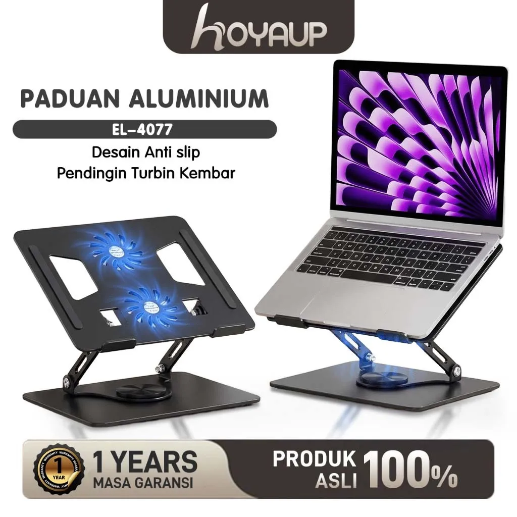 HOYAUP-Stand Laptop Rotasi 360° Paduan Aluminium Kipas /Tablet Holder Laptop Cooling Pad Laptop Pendingin Portabel/Desktop Phone Stand Rotary Adjustable