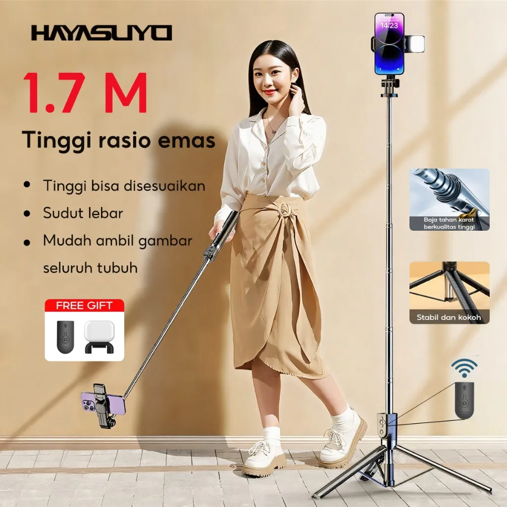 (Gratis 100%Asli Lampu Pengisi) HAYASUYO Tripod 170cm Selfie Stick LED Light Remote Bluetooth 170cm Multifungsi Tongkat Selfie Stainless Steel Tripod 01