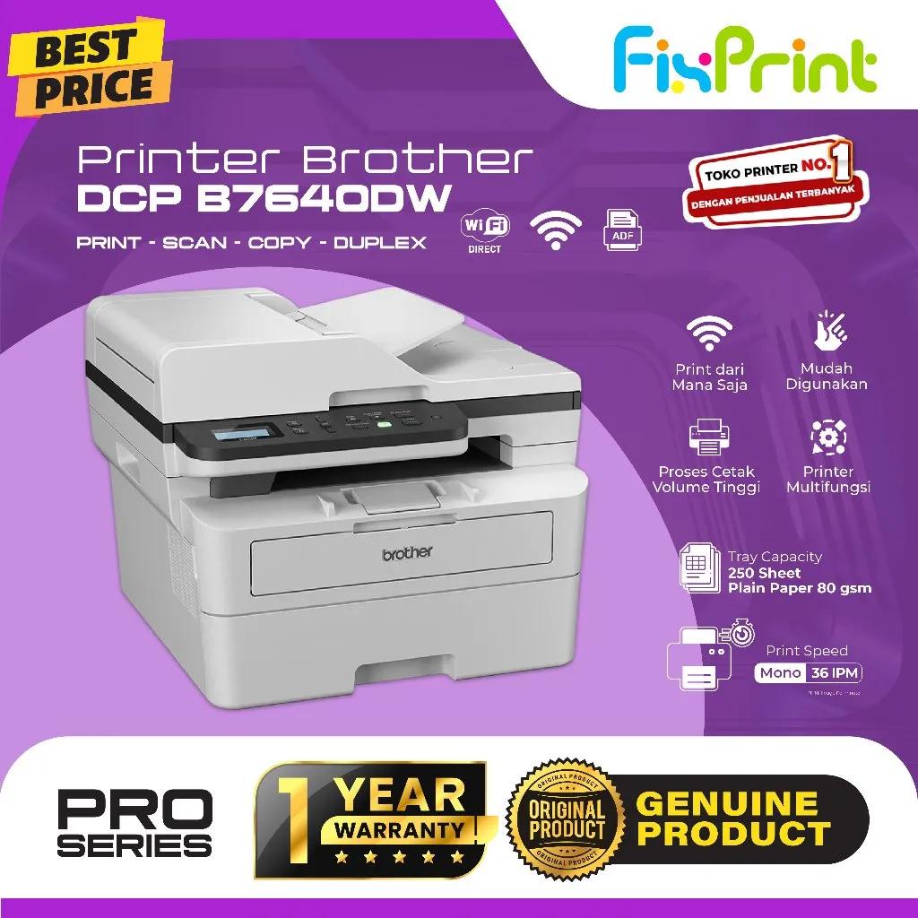 Printer Laser Mono Brother Docuprint DCP-L2540DW DCP-B7640DW HL-L2360DN Print Scan Copy WiFi Wireless Duplex