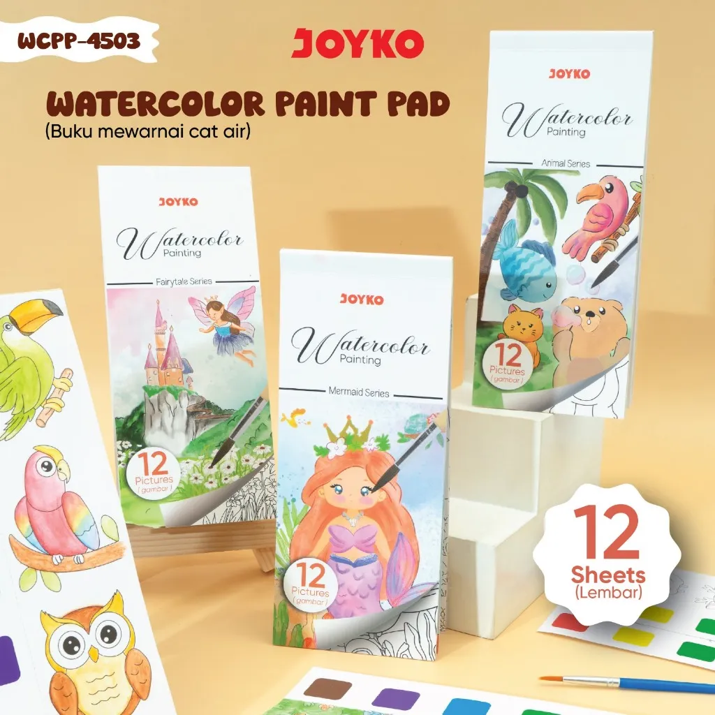 JOYKO 1 Set Paket Lukis Anak Isi 12 Lembar Free Kuas Buku Mewarnai Cat Air Watercolor Paint Pad WCPP-4501~4503