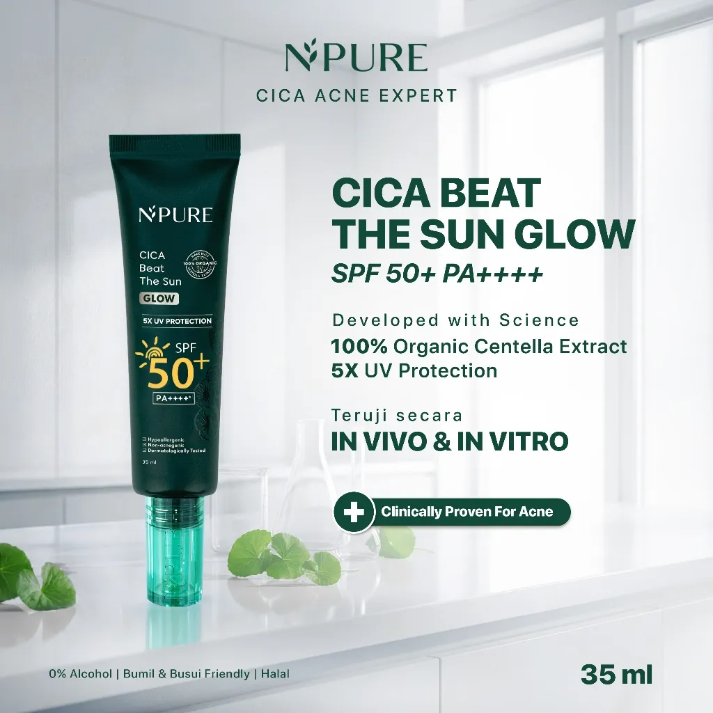 NPURE Sunscreen Cica (Centella) Beat The Sun Glow SPF 50+ PA++++ 35 ml / Hydrating / Jerawat / Glow Finish / Tekstur Ringan / No alcohol / Dry Skin / Acne Sunscreen / Hypoallergenic / Dermatologically Tested / Non Acnegenic / Aman Bumil Busui / HALAL