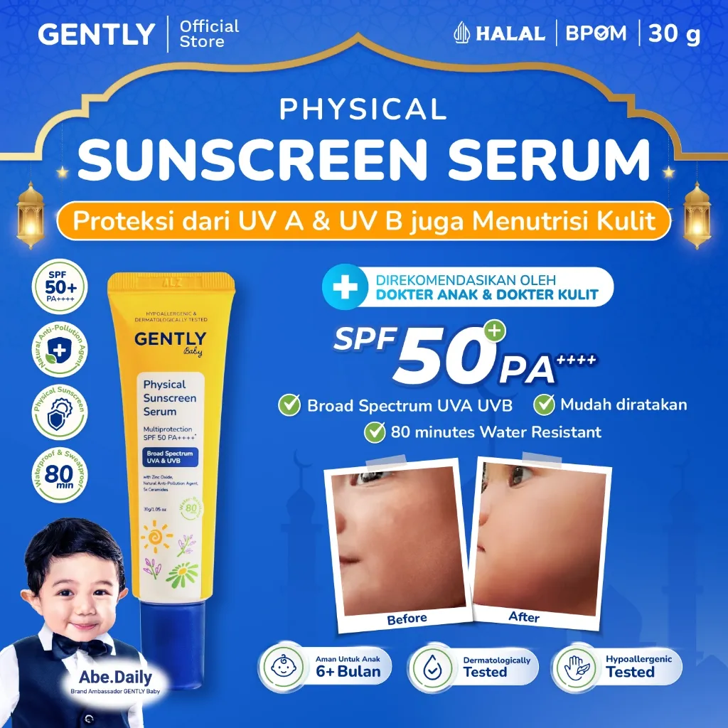 GENTLY Baby Physical Sunscreen Serum Bayi Anak 30 gr | SPF 50 PA++++ Anti-Polusi | Tahan Air & Keringat