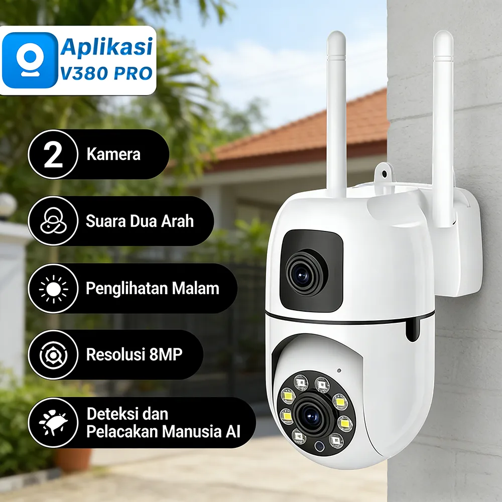 V380 Pro Kamera CCTV Penglihatan Malam Penuh Warna Outdoor Tahan Air IP65 Deteksi Alarm Pintar