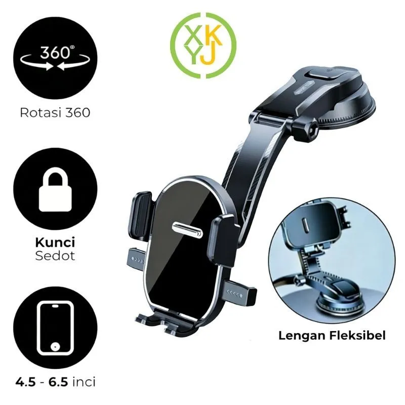 XYKJ Car Phone Holder Dashboard Kaca Mobil 360° Rotasi Kuat Hisap Lengan Fleksibel Universal